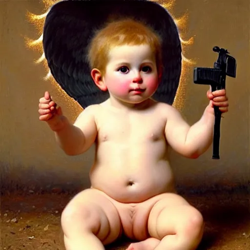 Image similar to full body portrait of a baby cupid with angel wings wearing balaclava mask, holding a gun, emile munier 1 8 9 5, french, cupid, boy, angel, painting, global illumination, radiant light, detailed and intricate environment h 6 4 0