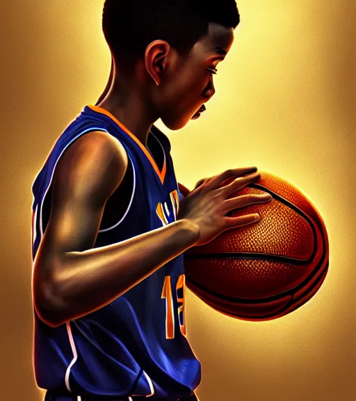 Image similar to portrait of a boy playing basketball in a basketball court, intense emotion, intricate, elegant, highly detailed, centered, digital painting, artstation, concept art, smooth, sharp focus, illustration, WLOP