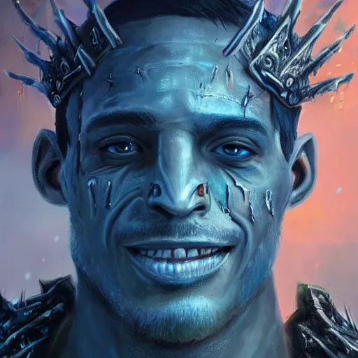 Image similar to a matte full likeness painting of travis scott face merged with the lich king wearing a crown made of ice, icey, world of warcraft, digital art, fantasy, realistic lighting, in the style of greg rutkowski