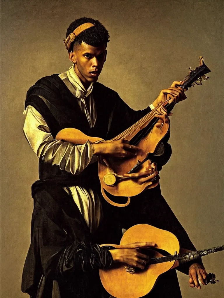 Prompt: a masterpiece portrait of stromae as a bard with a mandolin by caravaggio, epic composition, epic light, exquisite details, dark mood,