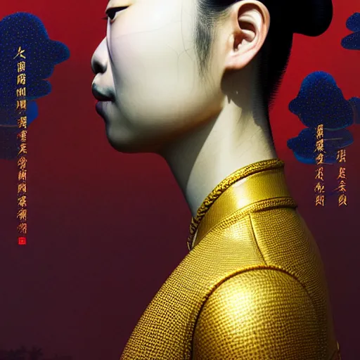 Prompt: portrait of a chinese woman :: side profile :: blood :: background sea :: intricate details in gold :: clockwork oxygen implant :: 8k :: simon stalenhag and Sandra Chevrier