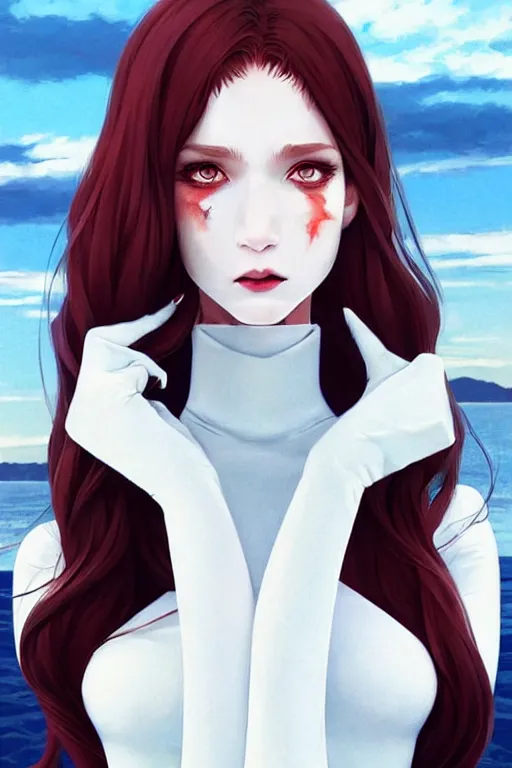 Image similar to beautiful pale vampire with auburn hair in a white turtleneck dress, on a super yacht, by guweiz and wlop and ilya kuvshinov and and moebius, artgerm, symmetrical eyes, aesthetic, gorgeous, stunning, alluring, attractive, half body portrait, fine details, detailed, artstation, deviantart, pinterest, digital art