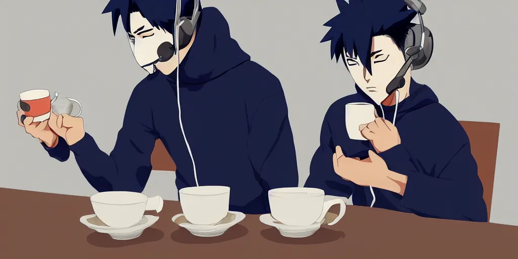 Prompt: kakashi hatake wearing headphones and a navy blue hoody having tea at a tea shop in toyko, aesthetic, digital painting, artstation, high res, 4 k