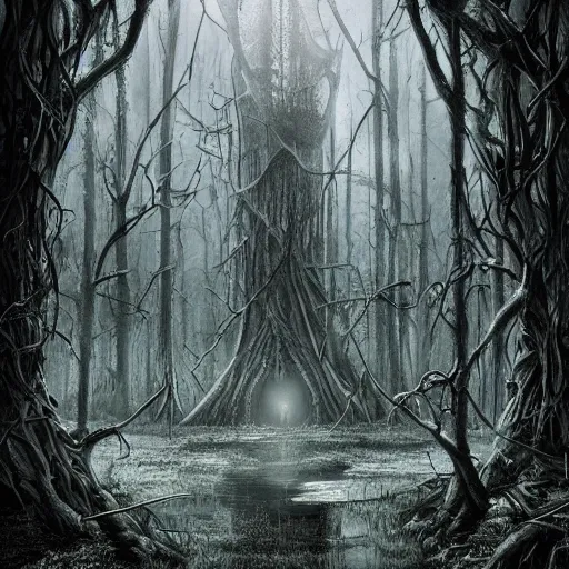 Prompt: mystical magic school in haunted swamp surrounded by dense forest with vines, creepy ambiance, desaturated, highly detailed, sharp focus, by artgerm, cgsociety