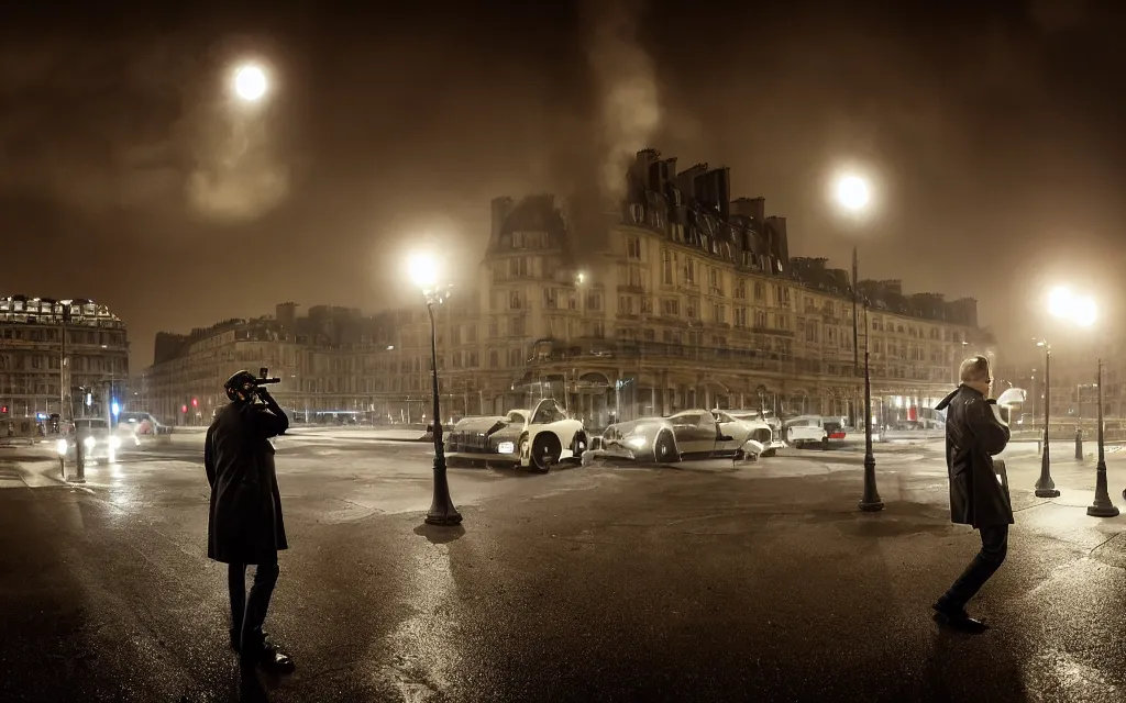 Prompt: One man in a trenchcoat shooting at a shadow monster with a pistol in a parisian street at night. Two cars are drifting around the monster with their lights on. Paris' Gare du Nord train station is visible in the background. 4k, dynamic, pulp, studio lighting, cinematic composition, HDR, colorfull, very low angle shot, (fish eye).