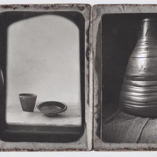 Image similar to Tintype photograph of primitive objects displayed in an ethnographic museum, archive material, anthropology,in the style of Marcel Duchamp, 1920s studio lighting.