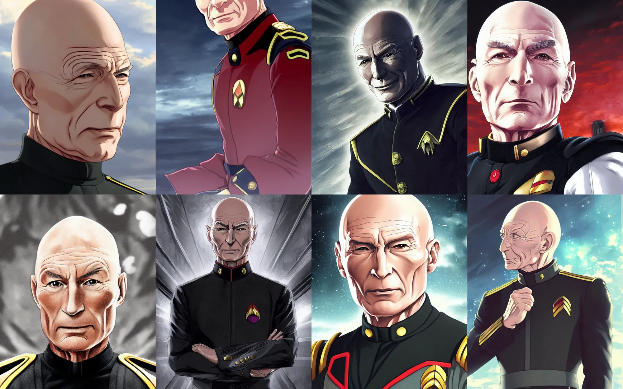 Prompt: Digital anime art by WLOP and Mobius, Closeup of Captain Picard wearing a [black uniform from The Next Generation], silver insignia, serious expression, [[empty warehouse]] background, highly detailed
