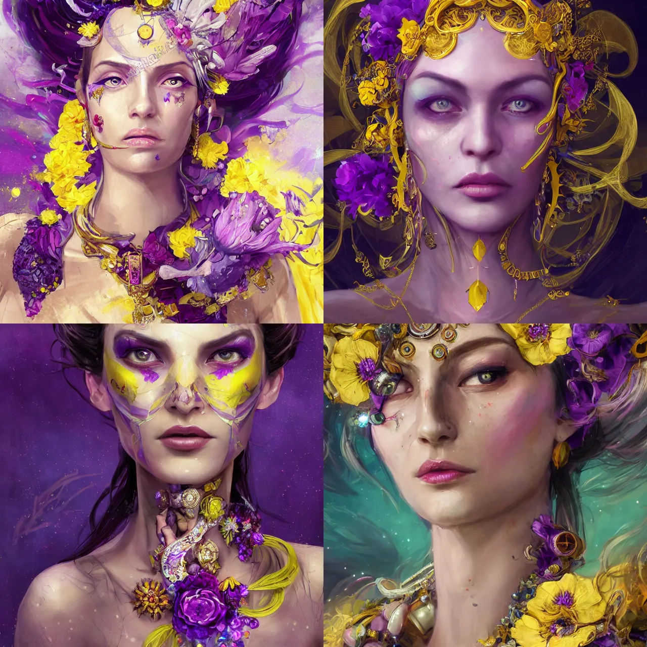 Prompt: realistic character concept, the empress with lots of jewelry and yellow and purple flowers in the face, elegant pose, scifi, illustration, slender symmetrical face and body, artstation, cinematic lighting, hyperdetailed, 8 k, high resolution, charlie bowater, francoise nielly, insanely detailed and intricate, elegant, dark fractal background, vfx, art deco, postprocessing