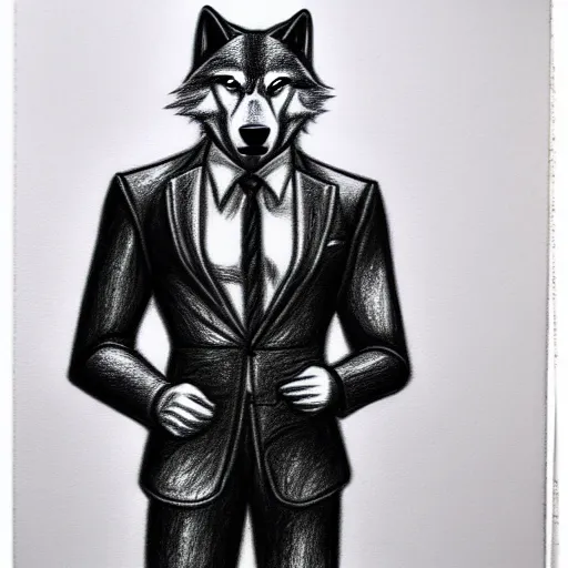 Prompt: portrait of anthropomorphic wolf in suit by tom finland, pencil drawing