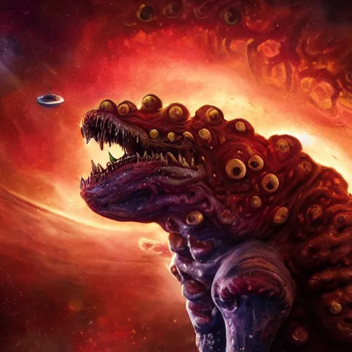 Prompt: one eldritch horror bloody garfield in space, galaxy, hd, 8 k, explosions, gunfire, lasers, giant, epic, realistic photo, unreal engine, stars, prophecy, powerful, cinematic lighting, destroyed planet, debris, movie poster, violent, sinister, ray tracing, dynamic, print, epic composition, dark, horrific, teeth