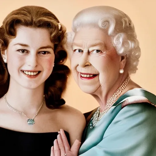 Image similar to A portrait photo of queen elizabeth teams up with a teenage queen elizabeth, perfect faces, 50 mm, award winning photography