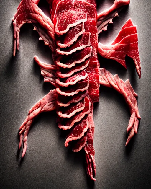 Image similar to a dragon made completely of raw meat parts, realistic, photography, high definition, sharp focus, highly detailed, fine art