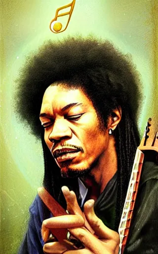 Image similar to character concept portrait of Jimmy Hendrix as wizard enchanting a music rune, a floating guitar in the center, embroidered gold-green robes, intricate, elegant, digital painting, concept art, smooth, sharp focus, illustration, from Metal Gear, by Ruan Jia and Mandy Jurgens and William-Adolphe Bouguereau, Artgerm