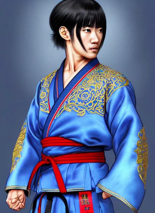 Image similar to male martial artist with a manchu hairstyle!!!! asian facial features and blue eyes!! intricate ornate blue robes!! character concept art, sharp focus, octane render! unreal engine 5! highly rendered!! trending on artstation!! detailed linework!! illustration by artgerm, wlop, and chie yoshii