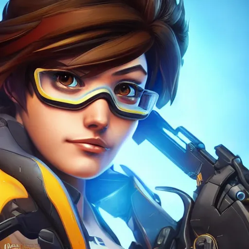 Image similar to tracer from overwatch, character portrait, close up, concept art, intricate details, highly detailed photorealistic in the style of marco plouffe keos masons, joel torres, seseon yoon, artgerm and warren louw