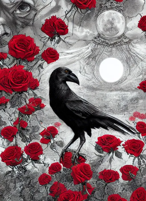 Image similar to portrait, A crow with red eyes in front of the full big moon, book cover, red roses, red white black colors, establishing shot, extremly high detail, foto realistic, cinematic lighting, pen and ink, intricate line drawings, by Yoshitaka Amano, Ruan Jia, Kentaro Miura, Artgerm, post processed, concept art, artstation, matte painting, style by eddie mendoza, raphael lacoste, alex ross