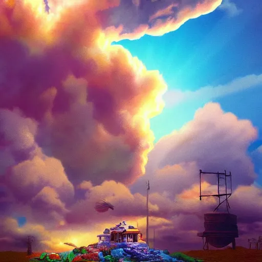 Image similar to puffy clouds, drew struzan movie poster style, vfx art, unreal engine render, claymation style, colourful, volumetric light, digital painting, digital illustration, dramatic light,