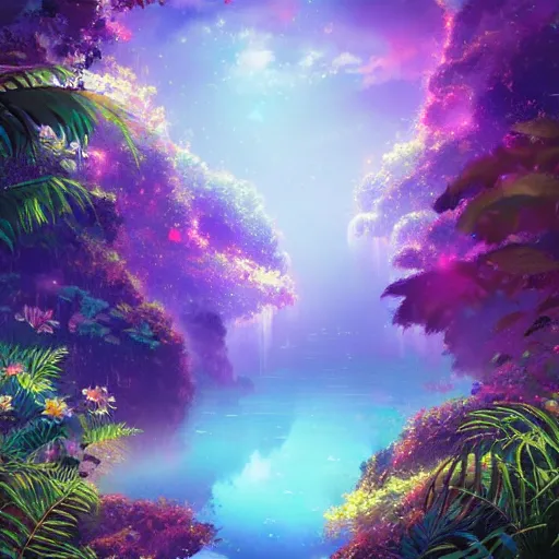 Image similar to Intricate nebula river running through a dense jungle of tropical flowers and fire flies in the style of makoto shinkai