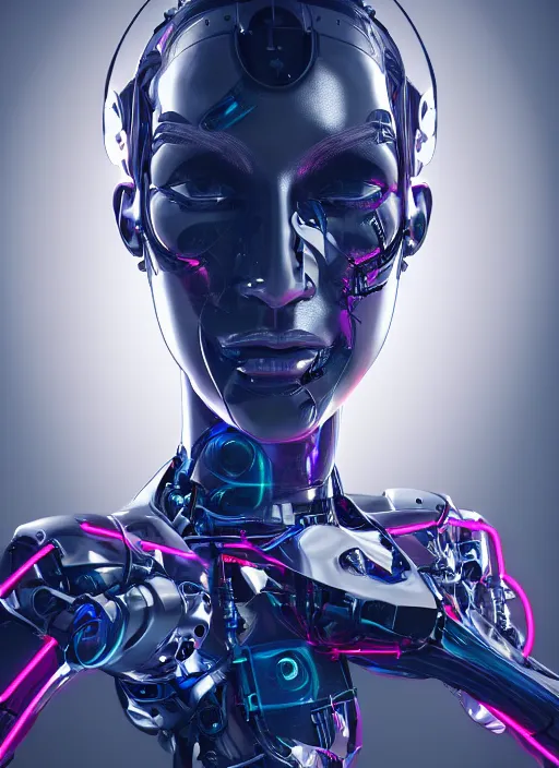 Image similar to photorealistic detailed full body picture of a female cyborg, pretty face with arms and legs and feet and hands, glamour pose, neon lights, humanoid, extreme, uhdr, book called the most influental cyborg in 2 0 5 0, fine details, highly detailed, intricate, smooth sharp focus, symmetrical features, environmental portrait, realistic render