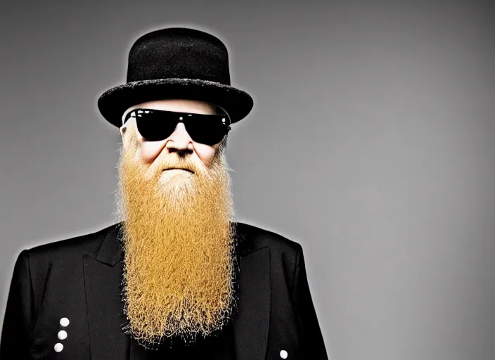 Image similar to photo still of billy gibbons of zz top!!!!!!!! at age 4 6 years old 4 6 years of age!!!!!!!! on a riding lawn mower, 8 k, 8 5 mm f 1. 8, studio lighting, rim light, right side key light