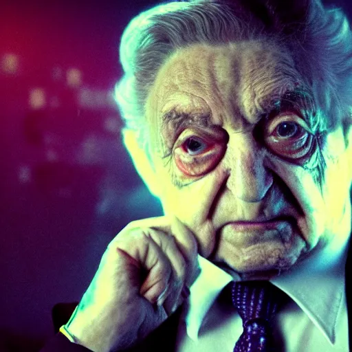 Image similar to Portrait of George Soros as an angry vampire, splash art, movie still, cinematic lighting, dramatic, octane render, long lens, shallow depth of field, bokeh, anamorphic lens flare, 8k, hyper detailed, 35mm film grain