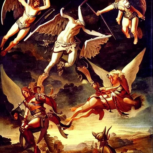 Image similar to paladins in plate armor riding into hell, fighting demons, with an angel with a sword flying over them, renaissance painting