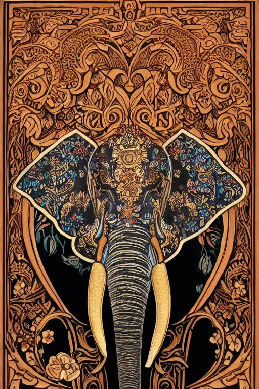 Image similar to Painted dark-wood panel relief carving of a close up of a Flowerpunk Matriarch Elephant, ornate border frame, explosion of colorful flowers, dark wood, intricately carved, black ink, festival of rich colors, intricate details, cinematic lighting, volumetric lighting, post-processing, art nouveau, tarot, by andreas rocha and john howe, and Martin Johnson Heade, featured on artstation, featured on behance, golden ratio, hyper detailed, photorealistic, epic composition, center spotlight, f32, well composed, symmetrical, UE5, 8k