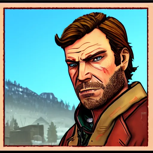 Image similar to Arthur Morgan from Red Dead Redemption 2 drawn in the style of Borderlands
