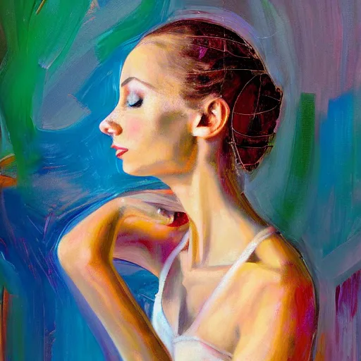 Prompt: portrait of a ballerina, impasto paint, 8 k, cinematic light, shadows, reflection highlights in the paint, in the style of christian beijer,