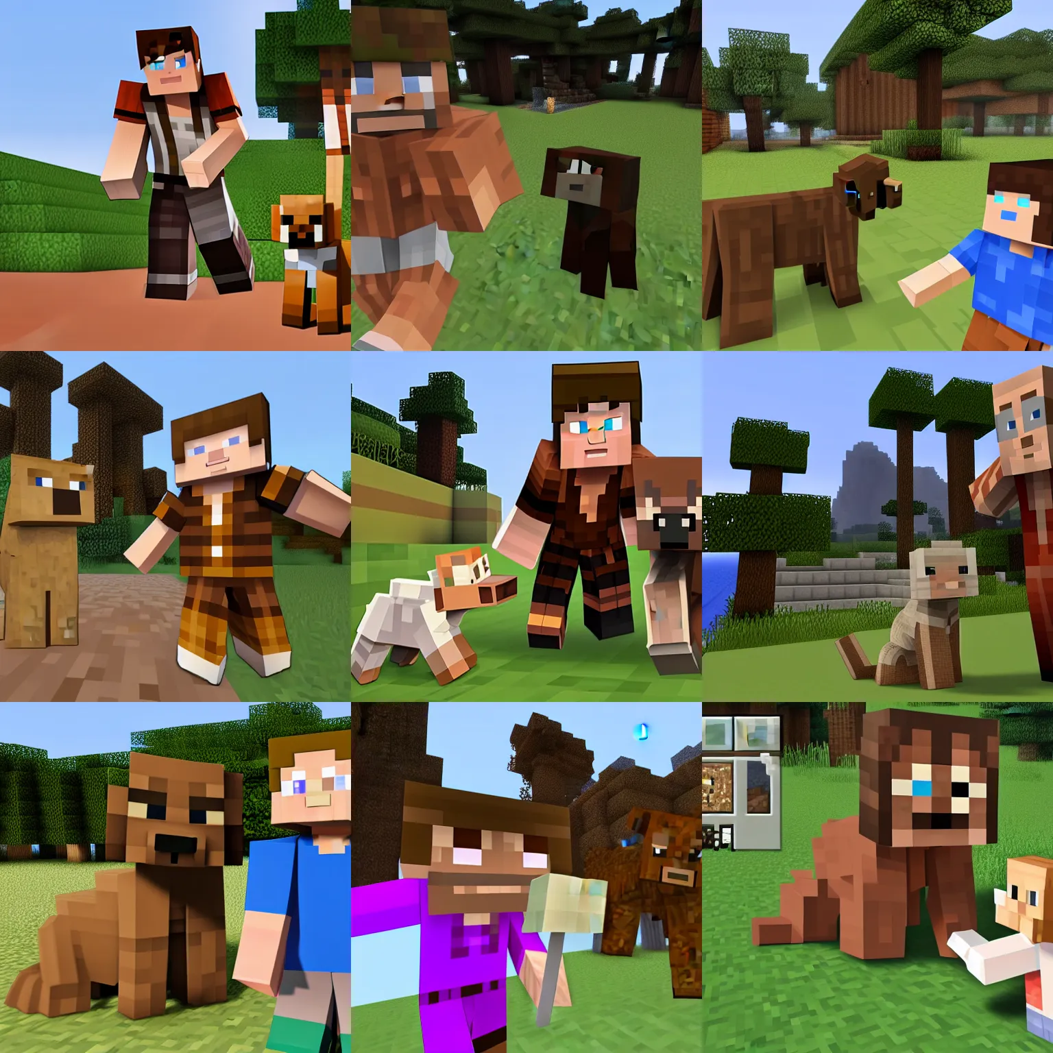 Prompt: minecraft screenshot, steve petting a chocolate brown labradoodle