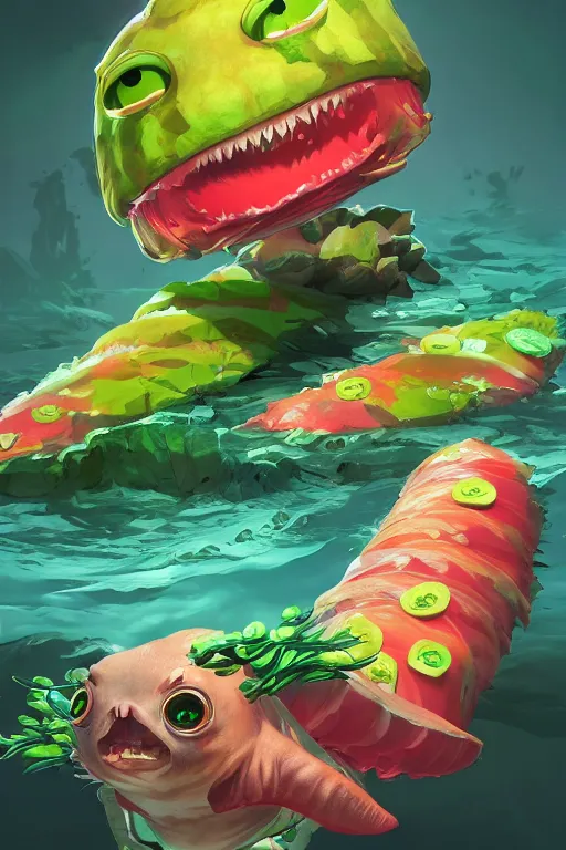 Image similar to 3 d render creature animal sushi cristal very big eye roots cactus elemental flush of force nature micro world fluo fishscale, comics gta 5 cover, official fanart behance hd artstation by jesper ejsing, by rhads, makoto shinkai and lois van baarle, ilya kuvshinov, ossdraws