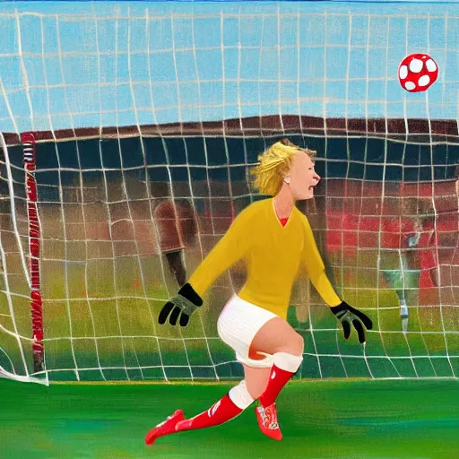 Prompt: of a blonde soccer star woman scoring a goal past a goalkeeper and everyone behind the net in celebration cheering, scoreboard in background says 4 to 0, oil painting ultra high detail, cinematic