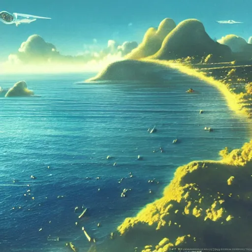 Image similar to beautiful matte painting of golden shores of a blue dreamy ocean, heavenly island in the clouds floating above the ocean, spaceship flying by, sci - fi, daylight, blue sky, cinematic lighting, cinematic perspective, syd mead, john harris, federico pelat