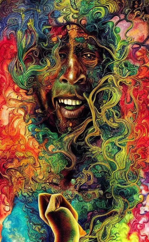 Prompt: colour masterpiece surreal closeup portrait photography of bob marley by miho hirano and annie leibovitz and michael cheval, weird surreal epic psychedelic complex biomorphic 3 d fractal landscape in background by kilian eng and roger dean and salvador dali and beksinski, 8 k