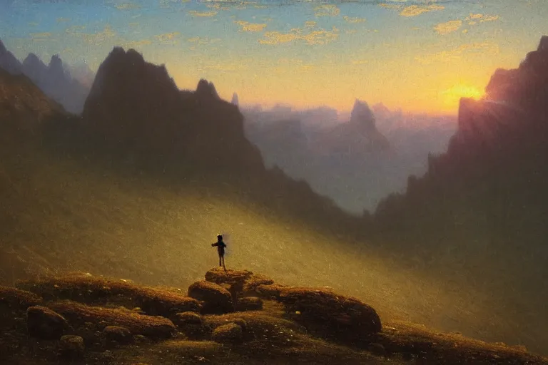 Prompt: a traveler wandering trough the mountains looking at the clouds, hyperdetailed, focused, oil painting, cinematic lighting, albert bierstadt, trending on artstation, colorful, canvas, sunset, centered, hans dahl, theodor kittelsen, hermann hendrich, national geographic, Konstantin Yakovlevich Kryzhitsky, beautiful nature, breathtaking, nordic, photorealistic