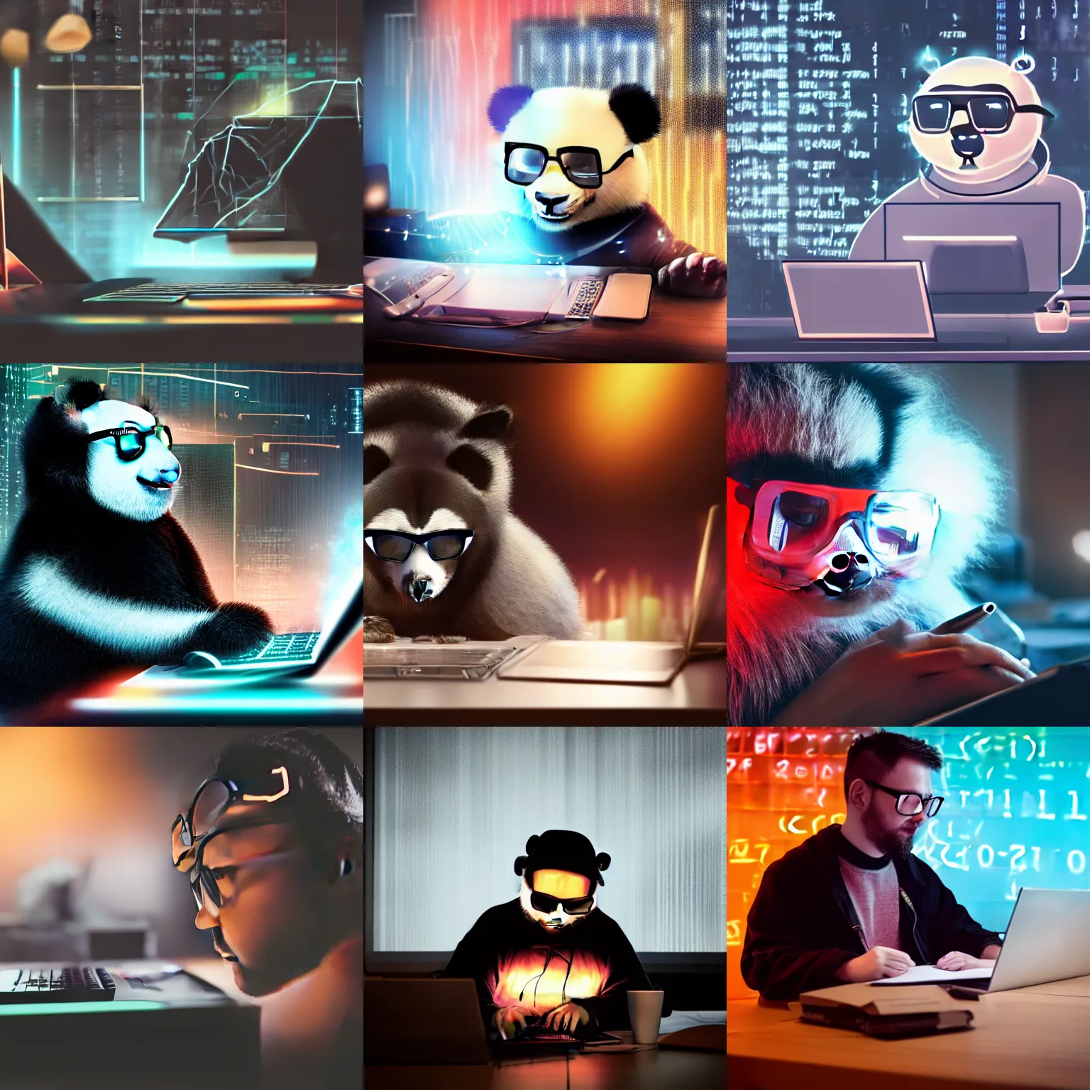 Prompt: a fluffy panda wearing metal frame glasses is writing coding in front of a computer like a programmer, foggy, mystery code, Cyberpunk, neon light, 4k, hd, highly detailed