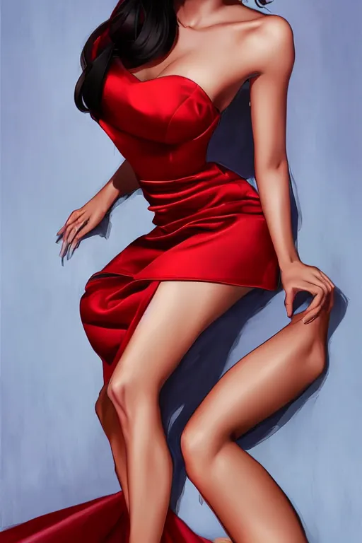 Prompt: Tanned beauty portrait, short red satin dress by Artgerm and WLOP, Pixiv