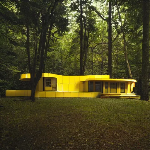 Prompt: architecture ad for a mid-century modern house in the middle of the forrest, designed by Frank Gehry. Film grain, cinematic, grayscale, yellow hue