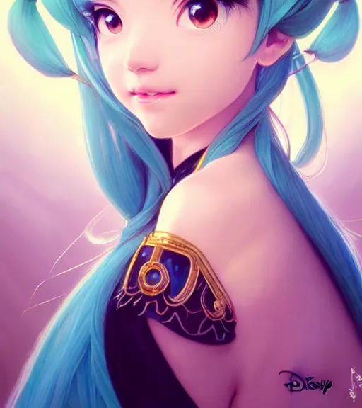 Image similar to portrait of disney hatsune miku!!, intricate, elegant, highly detailed, digital painting, artstation, concept art, smooth, sharp focus, illustration, art by artgerm and greg rutkowski and alphonse mucha and uang guangjian and gil elvgren and sachin teng and wlop, symmetry!!