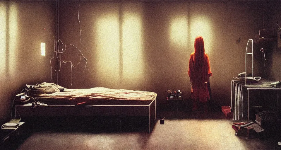 Prompt: IKEA catalogue photo, cyberpunk teenager bedroom, by Beksiński