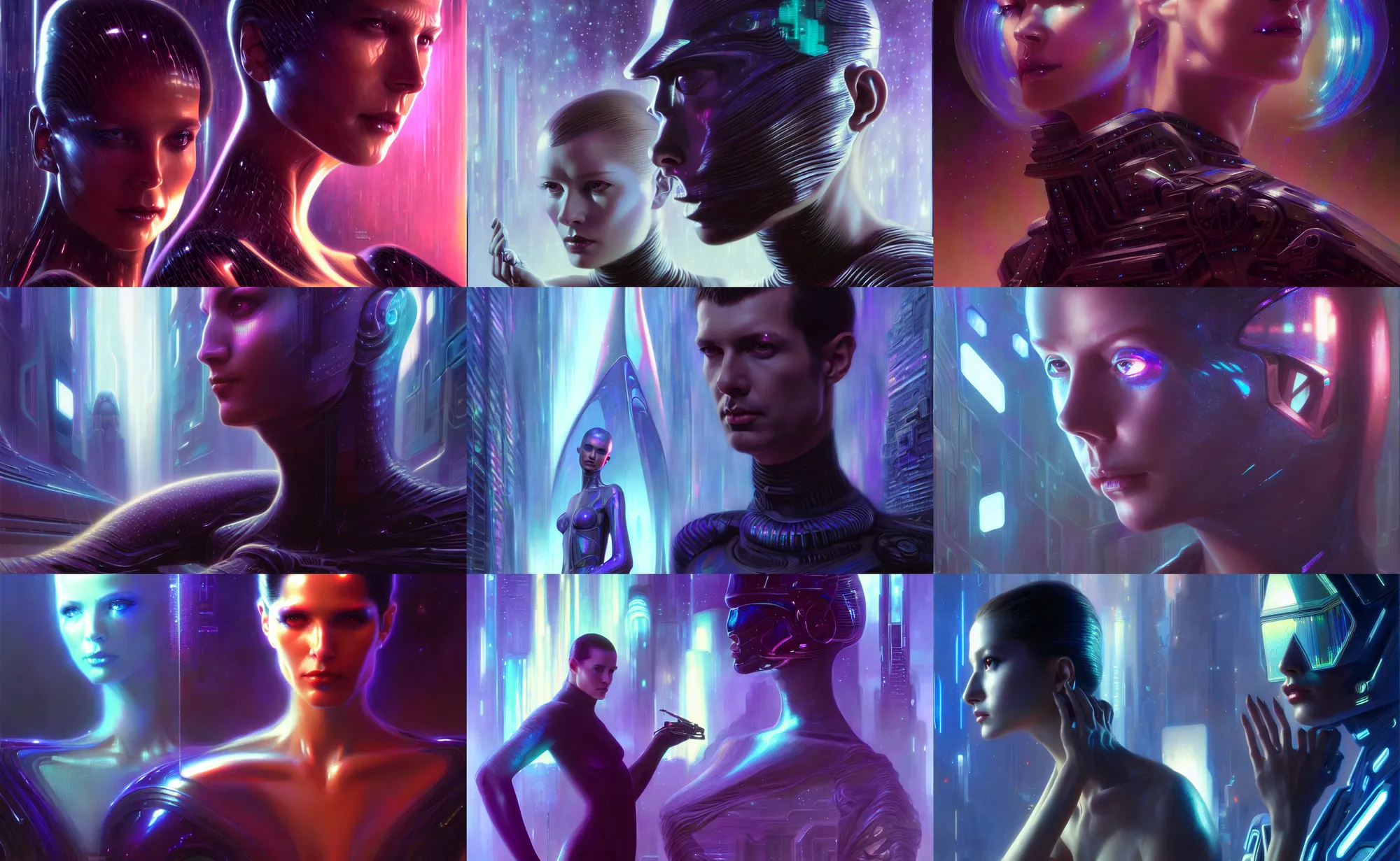 Prompt: beautiful sci - fi people, holographic reflections, fantasy art portrait, ultra realistic, cinematic, blade runner tech, wide angle, highly detailed by wayne barlowe, hajime sorayama, boris vallejo, raf grassetti, neville page, aaron horkey, craig mullins, roberto ferri, artstation