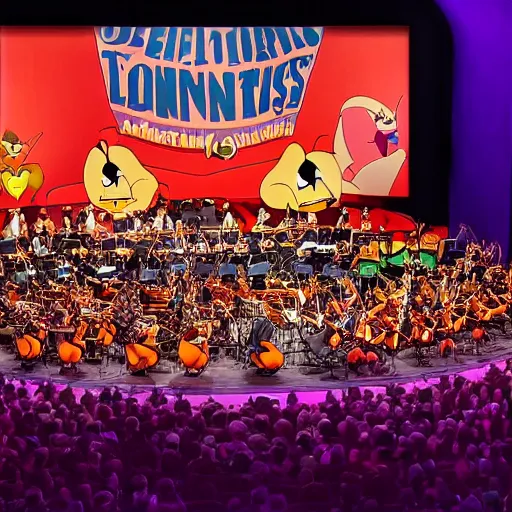 Image similar to an orchestra of various Looney Tunes characters playing a concert in a large concert hall. In the audience is a crowd of Marvel villains is sitting in the audience. realistic, photorealistic, 4k