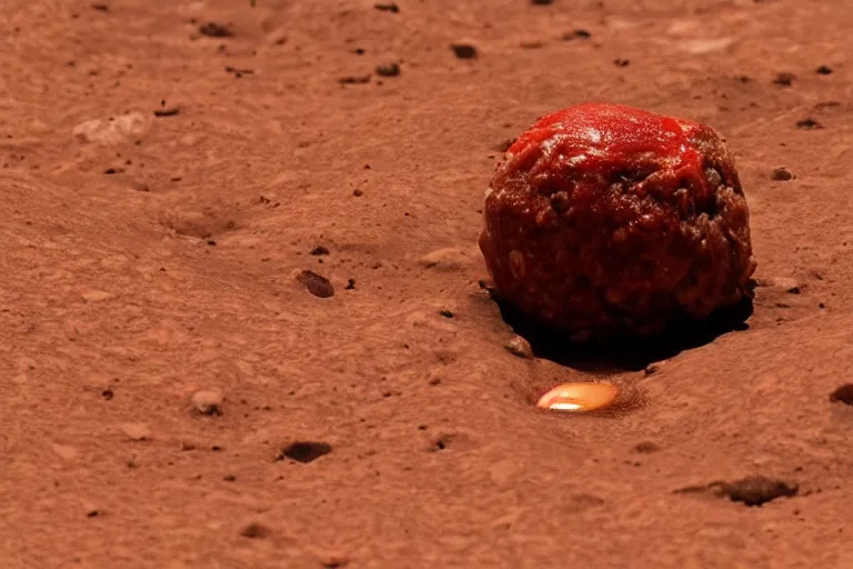 Image similar to a lonely meatball sandwich on mars, red lighting, sad,