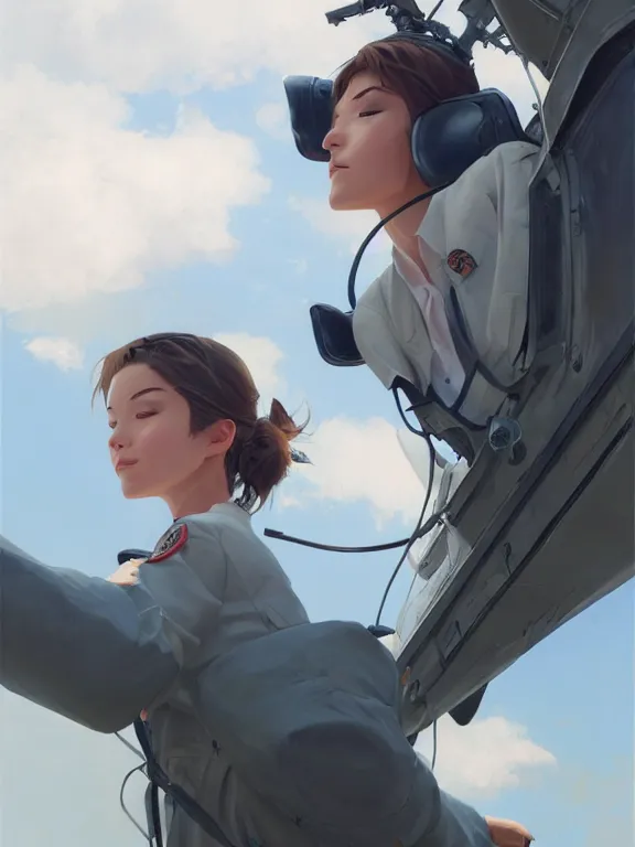 Image similar to an ultradetailed beautiful portrait painting of a girl as an helicopter pilot, side view, oil painting, high resolution, by ilya kuvshinov, greg rutkowski and makoto shinkai