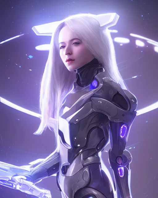 Image similar to perfect android girl on a mothership, warframe armor, beautiful face, scifi, futuristic, galaxy, nebula, raytracing, dreamy, long white hair, blue cyborg eyes, sharp focus, cinematic lighting, highly detailed, artstation, divine, by gauthier leblanc, kazuya takahashi, huifeng huang