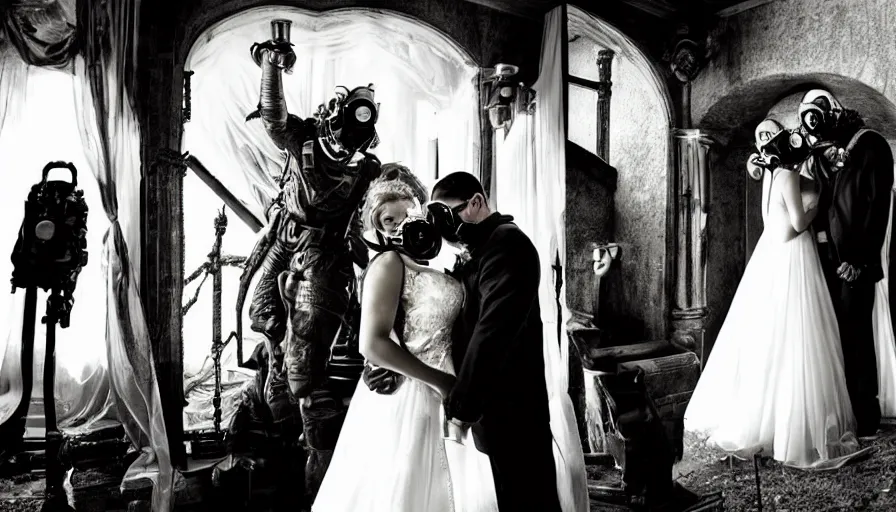 Image similar to disturbing big budget hollywood movie bride and groom wearing gas masks at the marriage of reason and squalor perfect composition dramatic lighting chiaroscuro