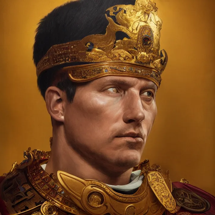 Image similar to excellent painted portrait of the Caesar Invictus the last Emperor of New Rome, dramatic lighting of an emperor's final moment, masterpiece painting with detailed face, 4k, trending on artstation, octane render, art by artgerm and greg rutkowski and alphonse mucha and craig mullins and James Jean and Andrei Riabovitchev and Marc Simonetti and peter mohrbacher