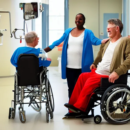 Image similar to a male patient in a wheelchair in the hospital with his wife and son standing by. happy, cheerful, smiling, cinematic lighting, art by emiliya lane, margaret dyer