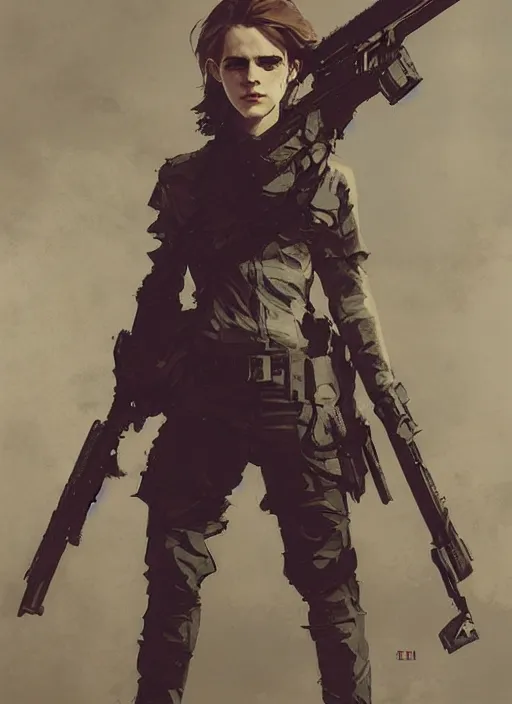 Image similar to emma watson wearing metal gear armor holding ak-47 dramatic lighting art by Yoji Shinkawa by Richard Schmid by greg rutkowski by Sandra Chevrier by Jeremy Lipking cinematic dramatic