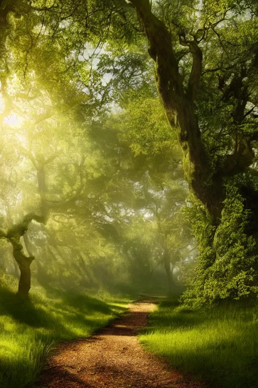 Prompt: hq beautiful digital matte painting detailed forest light grassy path with stunning twisting fantasy oak trees in the summer sunshine, by tyler smith 8 k resolution trending on artstation